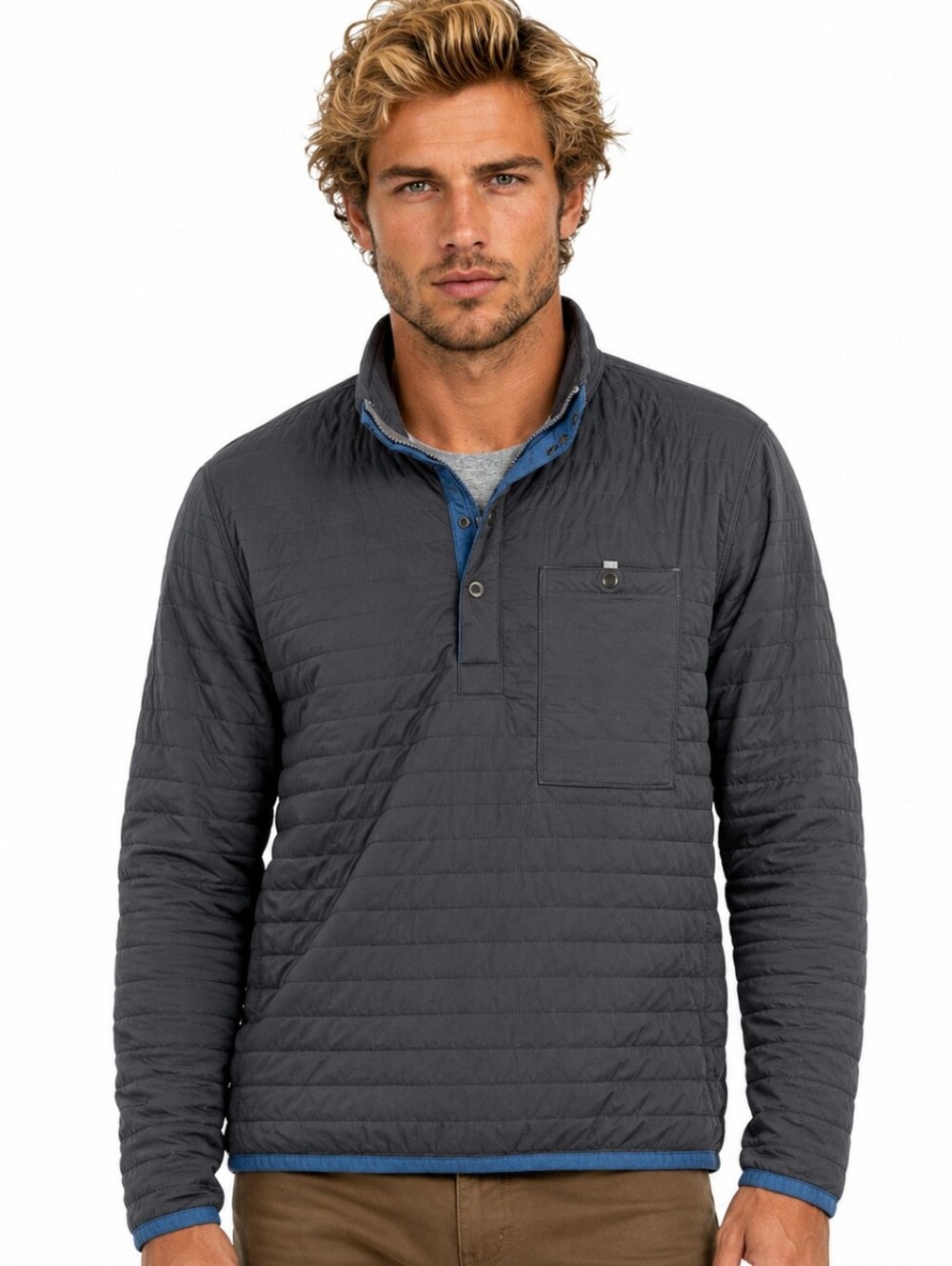 Relwen Windzip Popover Quilted Insulated Pullover Jacket Gray Blue Small EUC